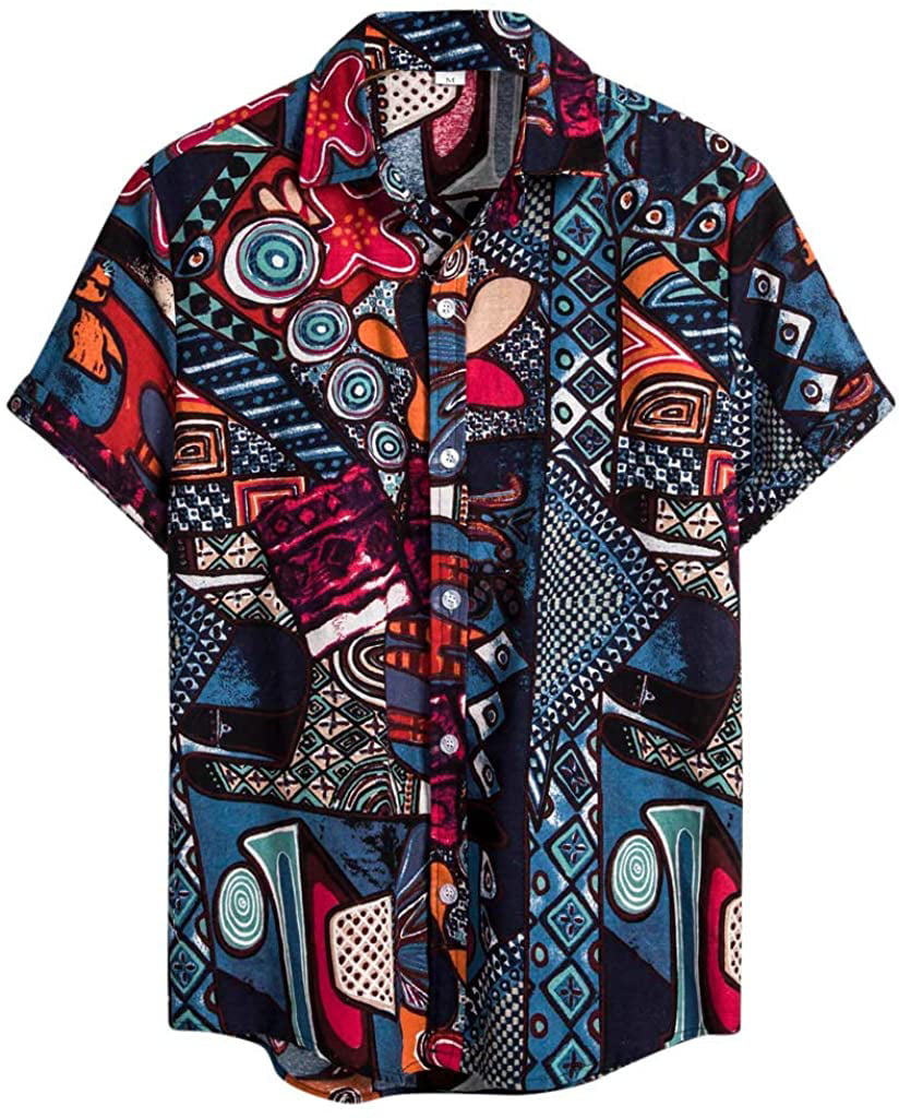 Mens Casual Button Shirts Vintage Ethnic Printed Turn Down Collar Short Sleeve Loose Shirt