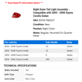 thumbnail image 2 of Right Outer Tail Light Assembly - Compatible with 2005 - 2008 Toyota Corolla Sedan 2006 2007, 2 of 2