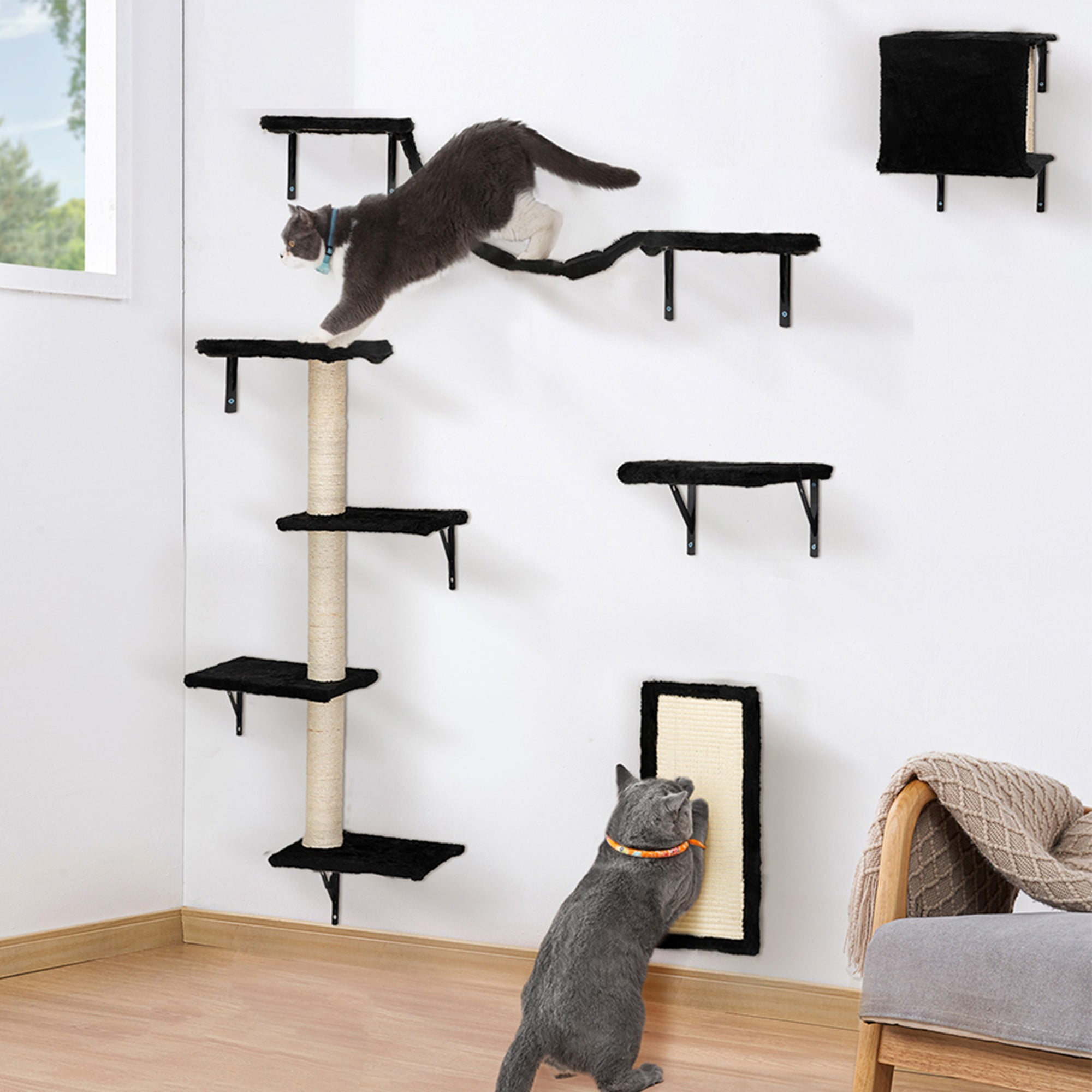 Kadyn Cat Wall Shelves and Perches Set for 5, Cat Tower for Adult Cats Mounted Cat Tree House for Large, Indoor Cat Sleeping Playing Lounging Climbing Furniture, Black