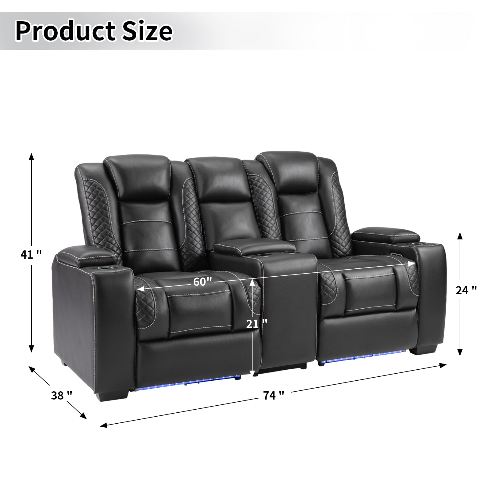 Bonzy Home Power Theater Loveseat Recliner — PU Leather Power Recliner with Center Console, USB Ports, LED Lights & Adjustable Headrests, Black