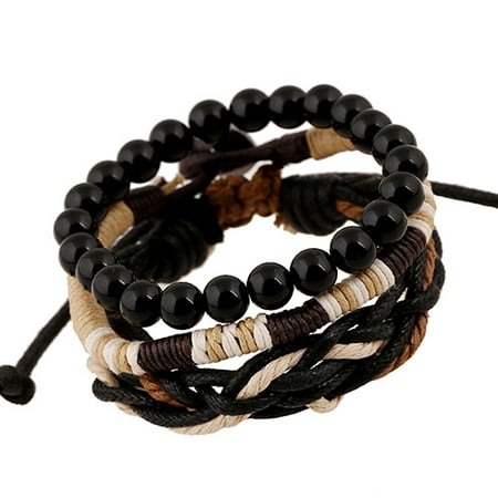 - Girl12Queen Men's 3 Pcs Punk Style Wood Beads Knitted Leather Bangle Wax Rope Cuff Bracelets