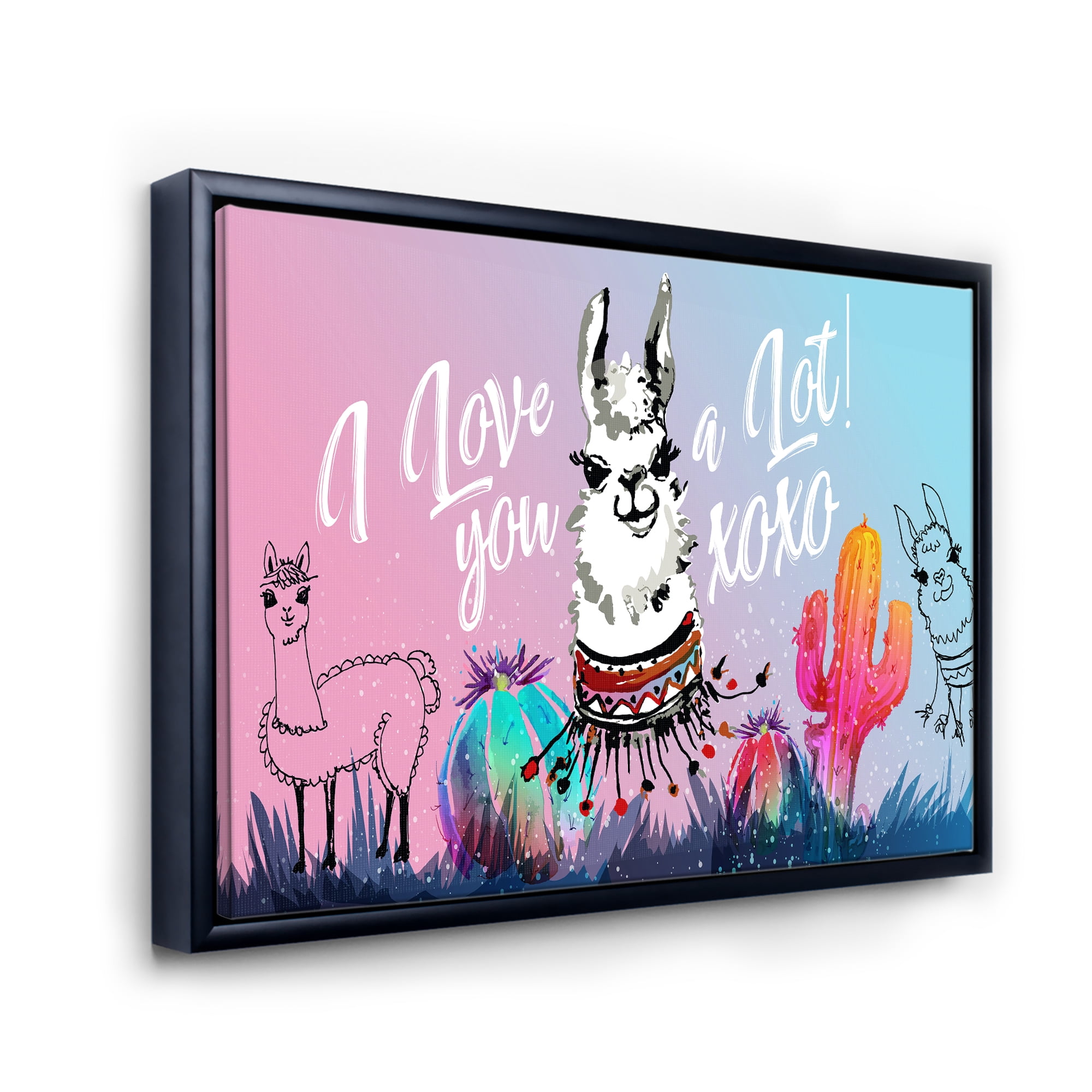 Designart 'I Love You A Lot Llama Alpaca Cartoon Portrait' Children's Art Framed Canvas Wall Art Print