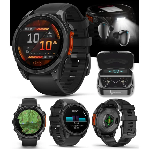 Garmin Fenix 8 47 mm, AMOLED Slate Gray with Black Silicone Band Multisport GPS Smartwatch with Black EarBuds