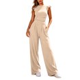 thumbnail image 2 of BRELIL Women Two Piece Sets Casual Round Neck Sleeveless T-Shirt Wide Leg Pants Summer Lounge Matching Outfits Solid Basic Tracksuit Vacation Travel, Beige 2XL, 2 of 8