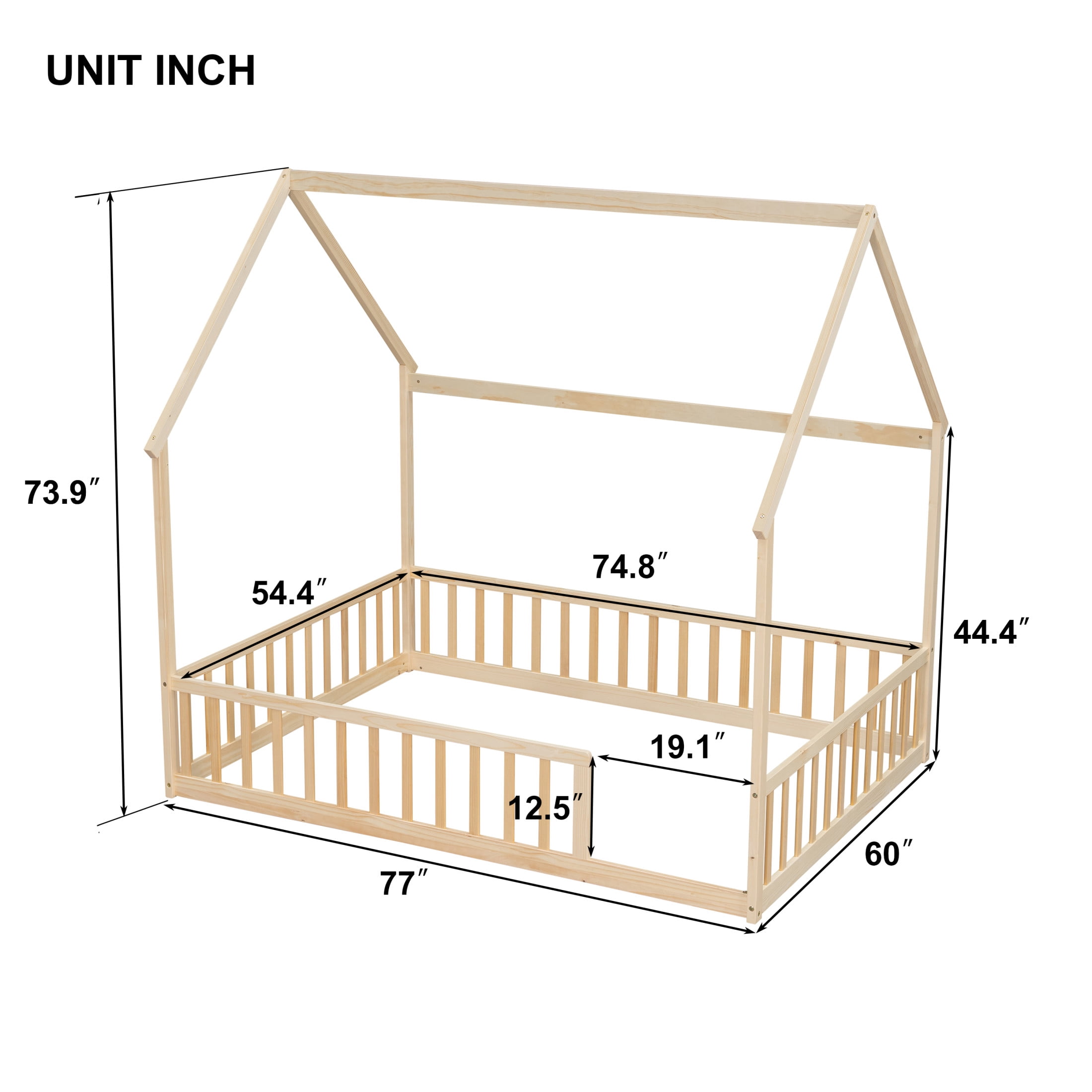 Noble House Morde Full Size House Floor Bed with Gable Roof Frame & Safety Guardrails, Pine Wooden Bed Frame, Natural