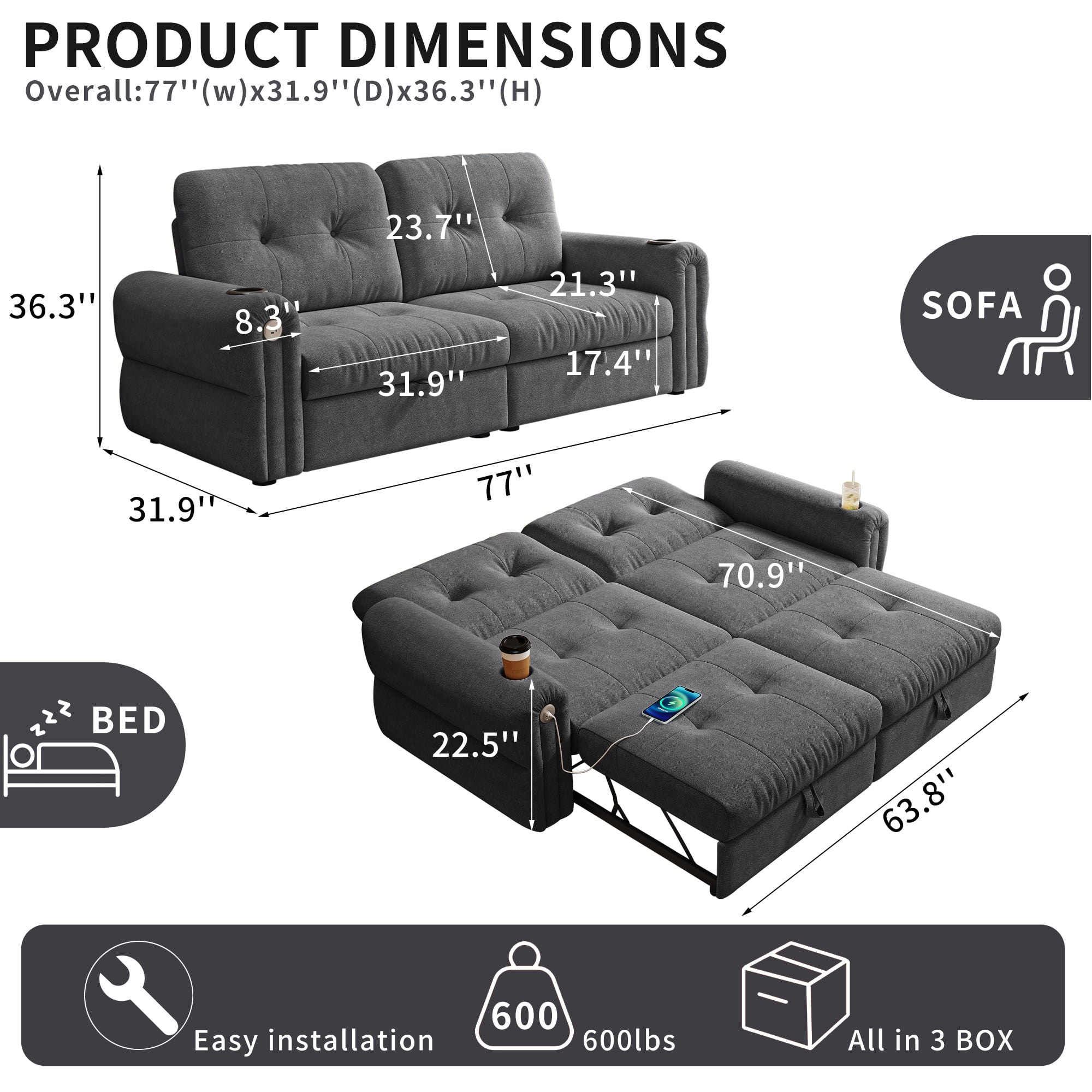 77" Queen Size Sofa Bed, Loveseat Sleeper Sofa with Pull Out Bed and USB, 2 Seater Convertible Small Couch for Living Room Bedroom Apartment (Dark Grey, Chenille)