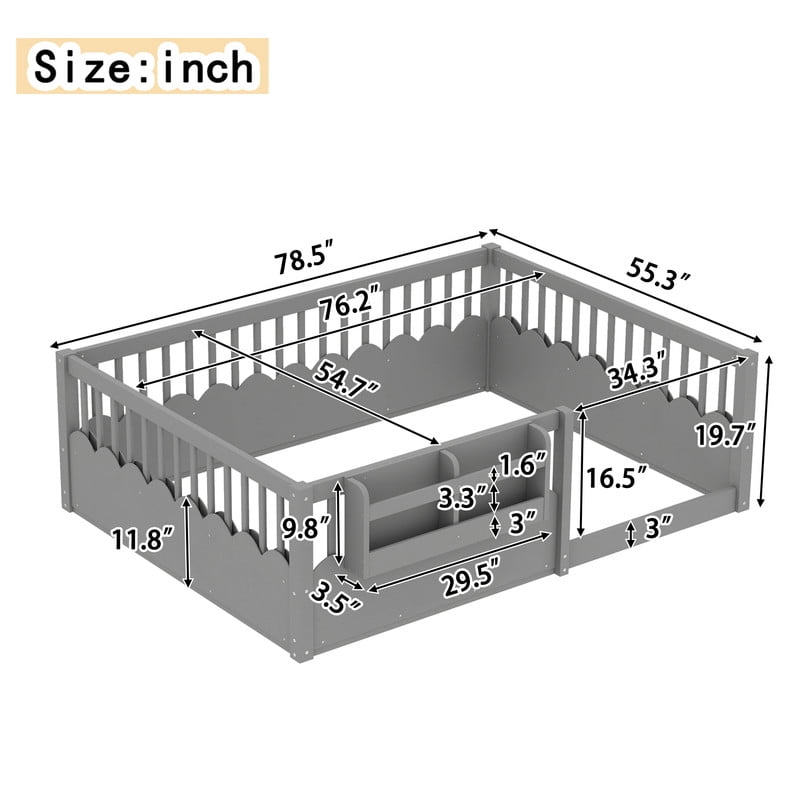 Full Size Floor Bed with Heightened Fence, Kids Platform Bed Frame with No Slat, Montessori Storage Bed with Bookshelf
