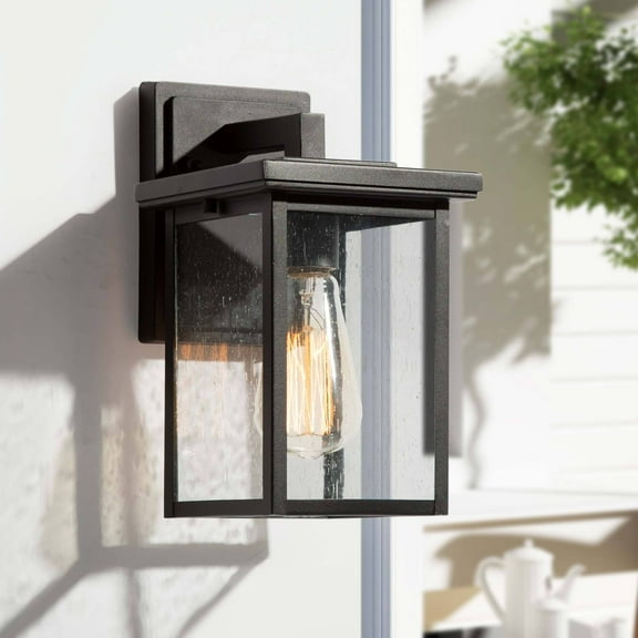 LNC Farmhouse Square Outdoor Wall Sconce with Seeded Glass in Black Finish,W5.91" x L6.89" x H10.63"