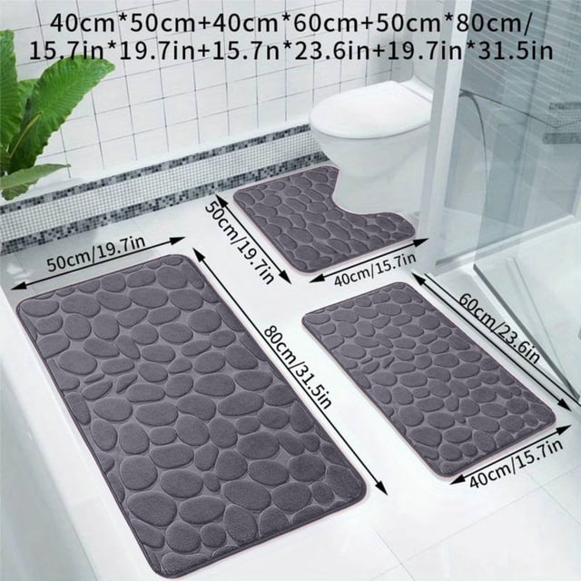 Linnome 3 Piece High Density Sponge Bath Mat Set Absorbent Non Slip Soft Washable Home Bathroom Decor Needs