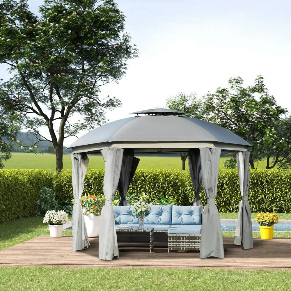 Resenkos Outdoor Garden Gazebo, Sunshade Gazebo Canopy,12' x 12' Round Outdoor Gazebo with Double Roof, Netting Sidewalls and Curtains, Zippered Doors,Grey
