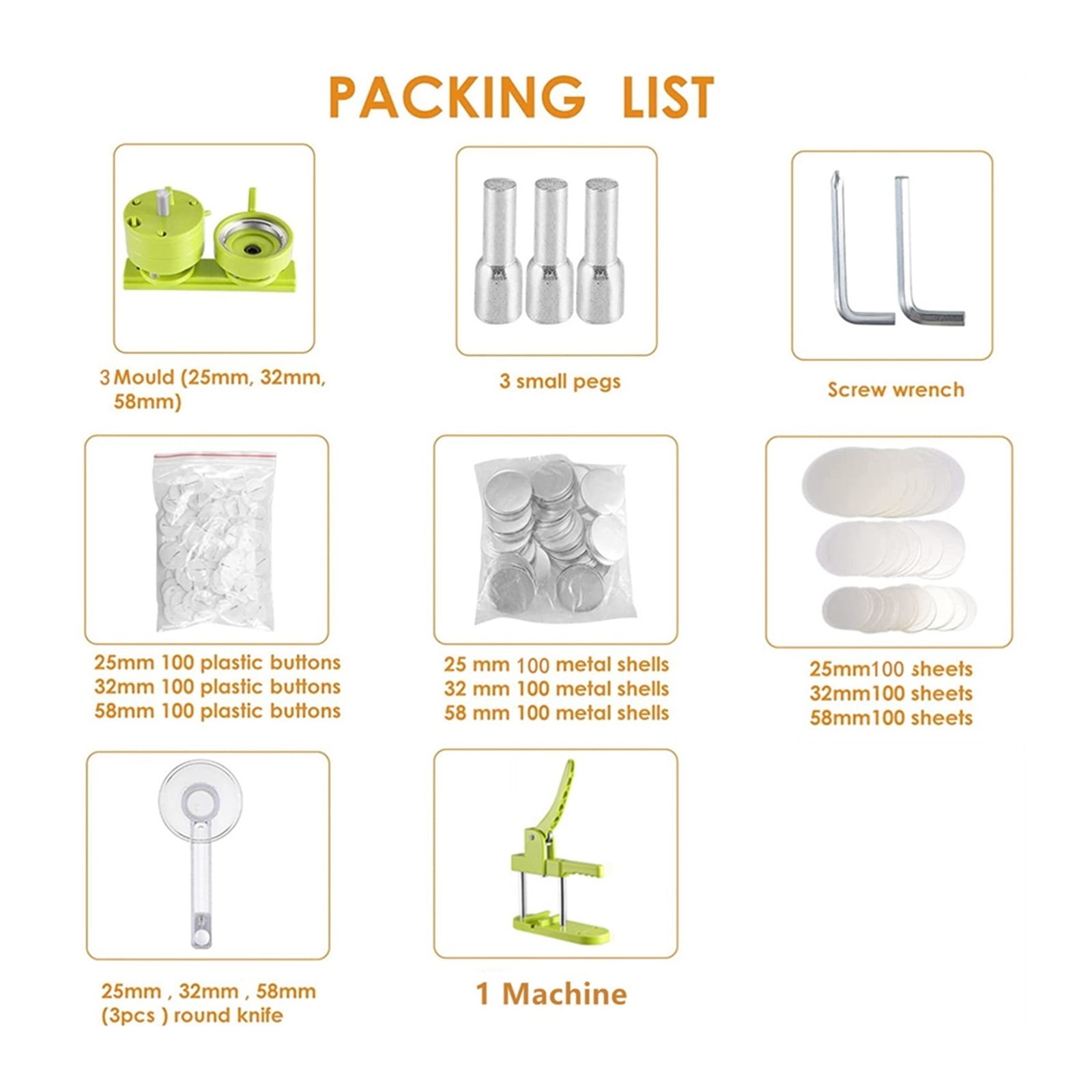 DIY Pin Badges Set Button Press Machine,25+32+58MM Badge Button Maker Machine Kit With 300Pcs Button Parts+Circle Cutter+3 s