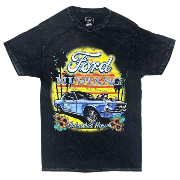 Ford Mustang Men's T-Shirt Distressed Vintage Print Acid Mineral Wash Black Tee (Medium/Large)
