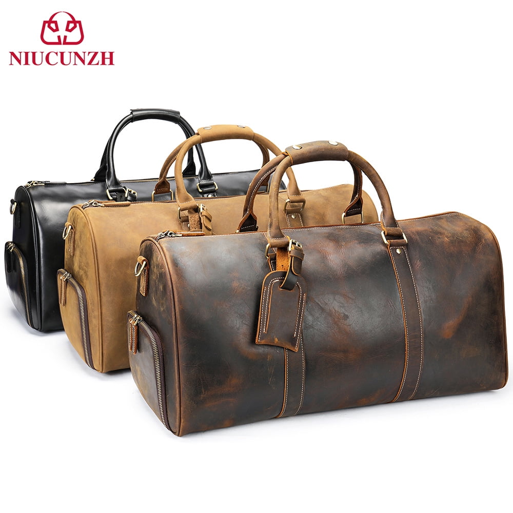 Men s Genuine Leather Travel Bag Gym Bag with Shoe Slots Barrel Tote Crazy Horse Leather Crossbody Bag Barrel Bag Walmart