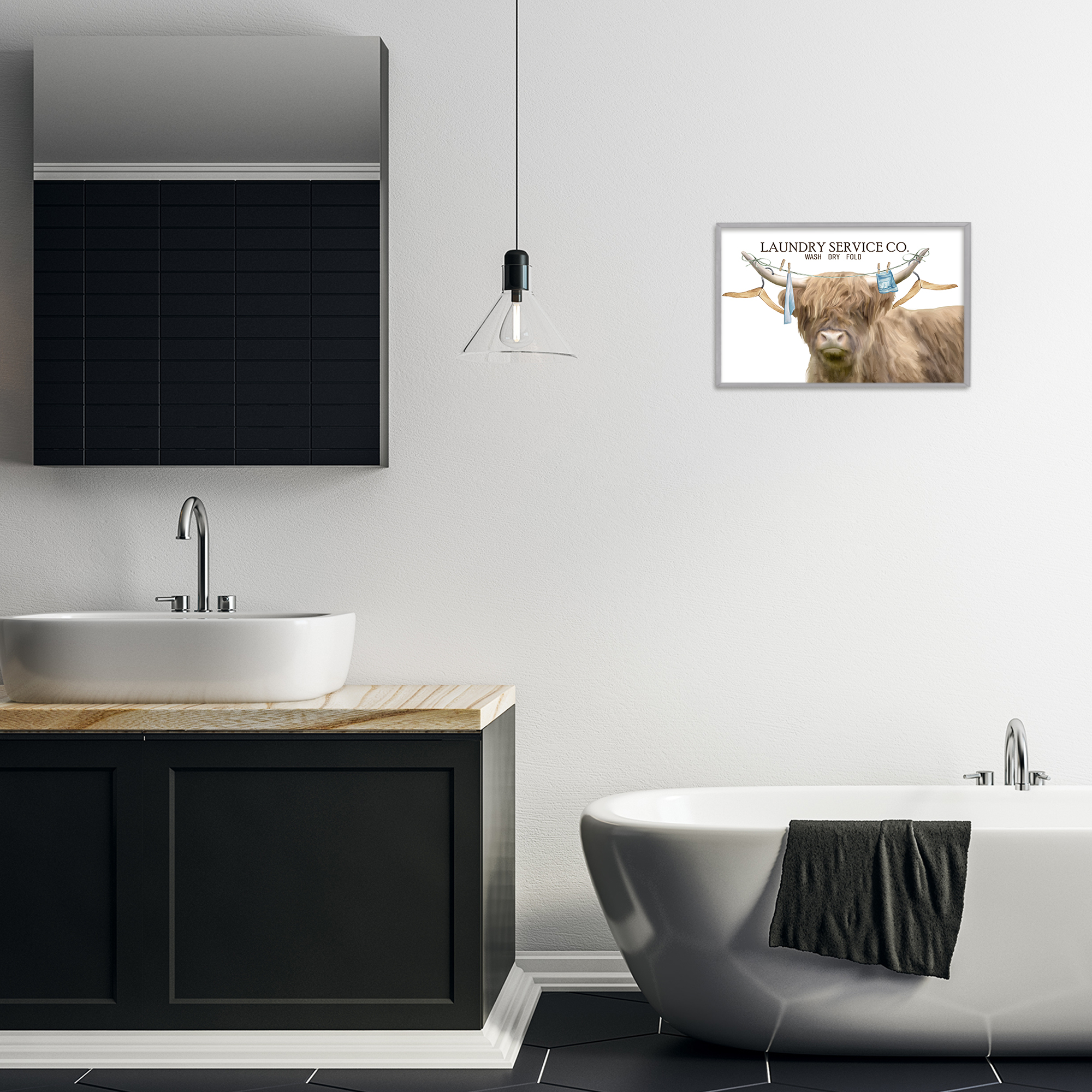 Laundry Service Cattle Gray Framed Giclee Art, design by Kim Allen