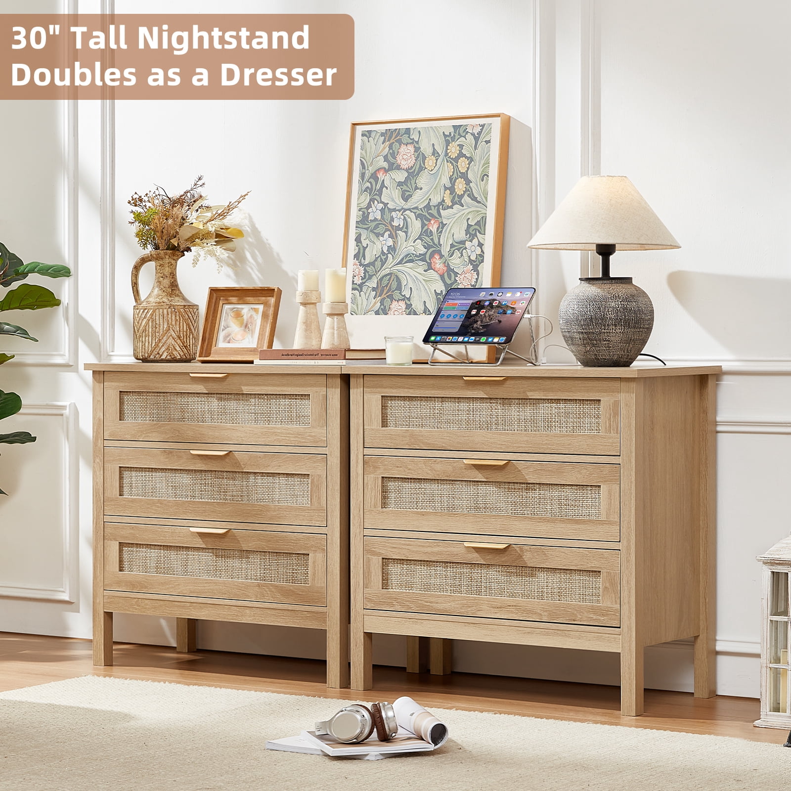 Leyaoyao 3-Drawer Storage Nightstand with Charging Station, 31.5" Wide Rattan Bedside Table, Boho Storage Cabinet with Shelf for Bedroom, Living Room, Natural