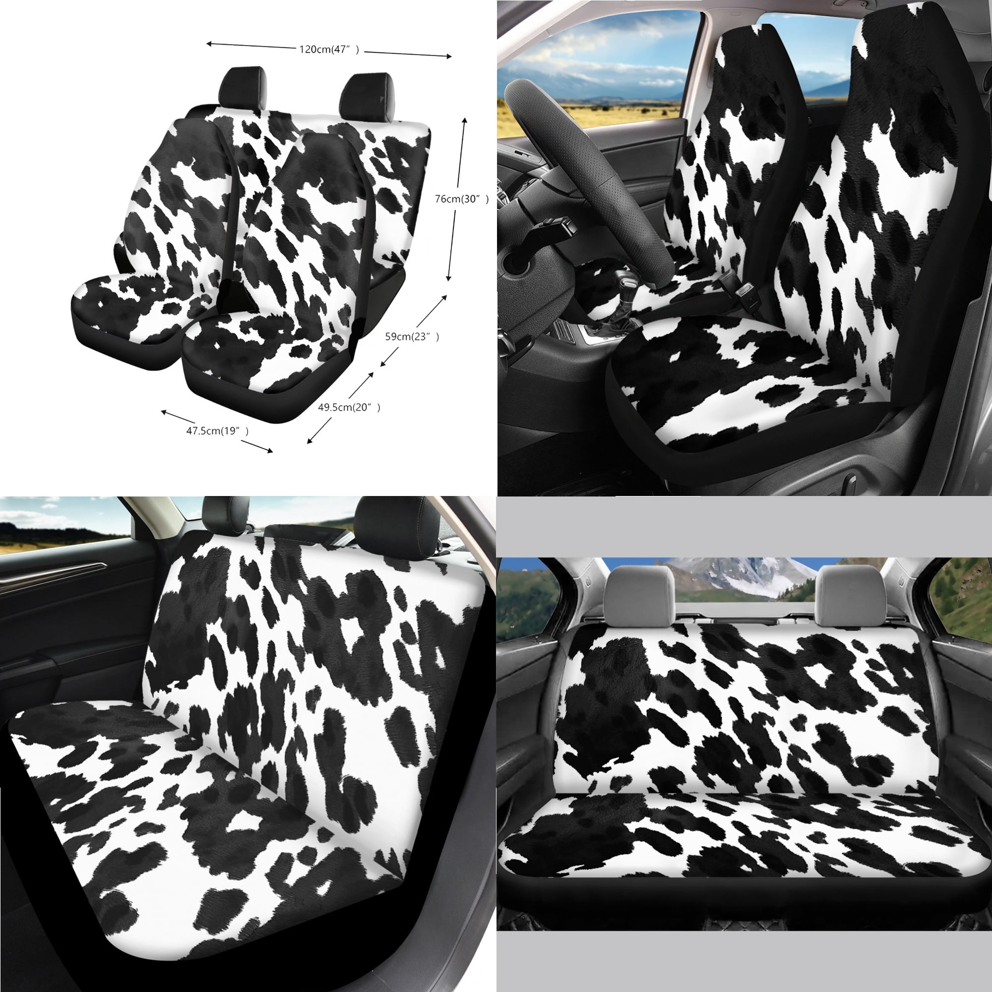 Renewold Black White Cow Print Car Seat Cover Full Set 14 PCS, with Steering Wheel Cover Seat Belt Pad Garbage Bin Armrest Pad Rearview Mirror Handbrake Cover Set Coaster Fit Most Vehicles