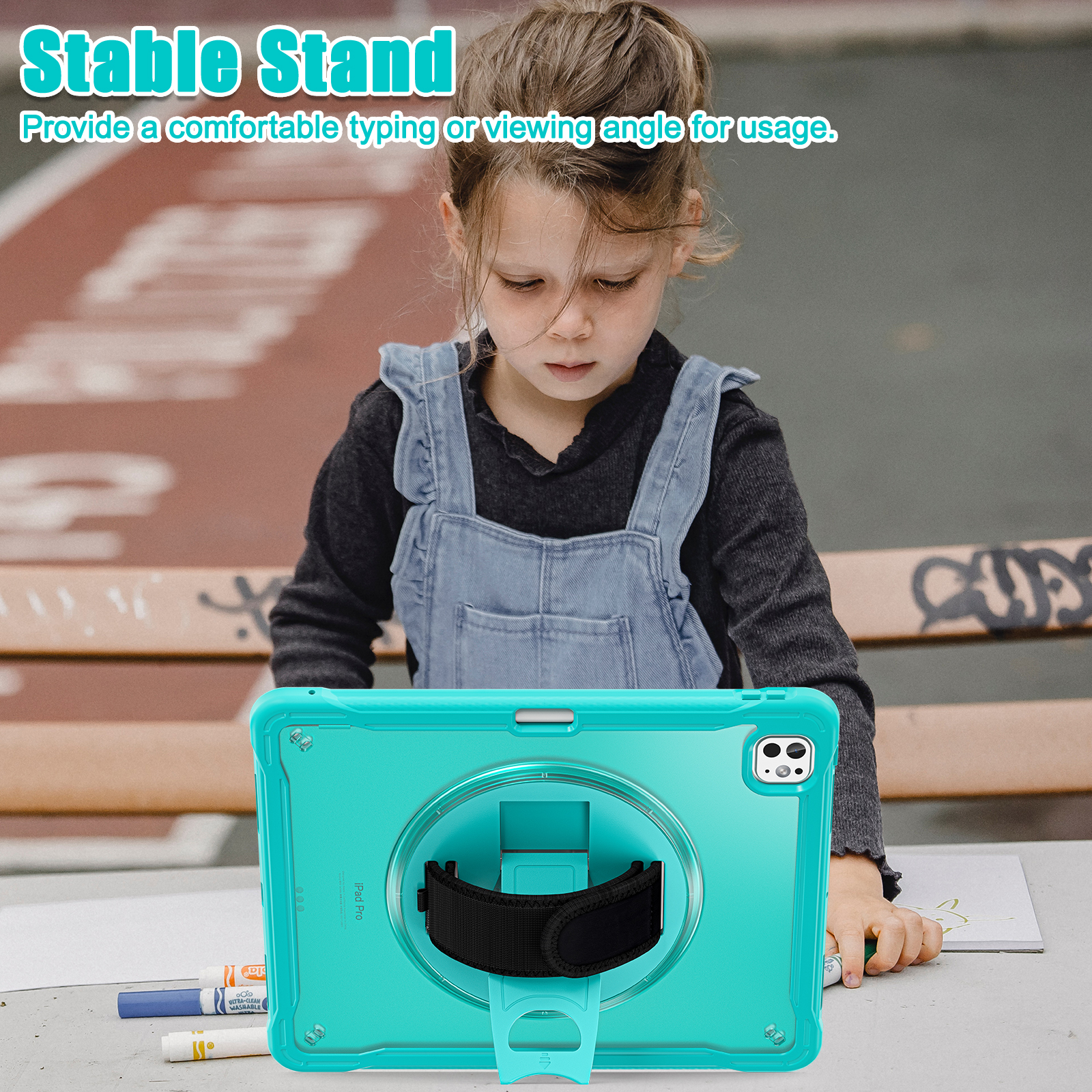 Dteck Case for iPad Pro 13 inch M4 2024,Military Grade Shockproof Silicone Cover 360° Rotatable Stand- Shoulder Strap- Handle- Pencil Holder,Blue