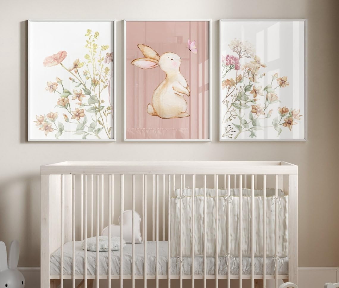 3 Pieces Pink Floral Canvas Art Print Wildflower Bunny Nursery Wall Art Painting for Girls Room Nursery Decor With Inner Frame