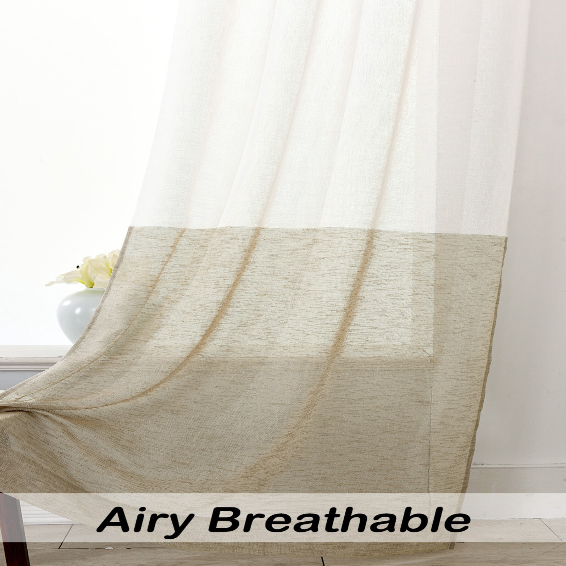 Uptown Home Tan White Sheer Linen Rustic Drapes for Bedroom Color Block Filtering Light Window Curtain Panels with Rod Pocket, 50"x95"x2