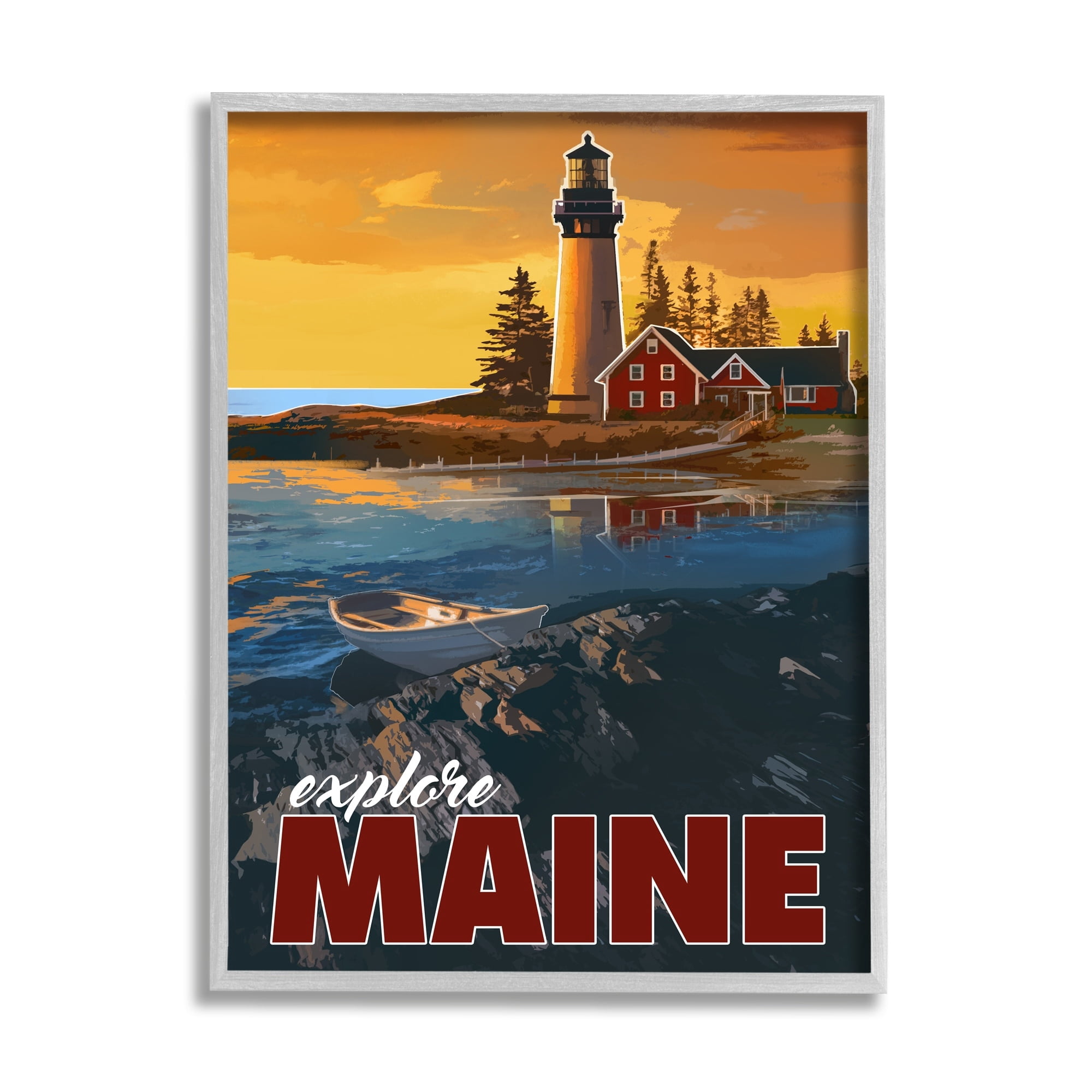 Stupell Industries Explore Maine Distant Ocean Lighthouse Beacon Travel Graphic Art Gray Framed Art Print Wall Art, Design by David Owens Illustration