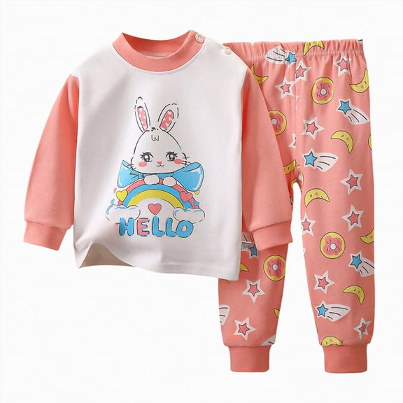 Hessimy Toddler Boys Girls Spring Summer Cute Pattern Print 2Pcs Long Sleeve Soft Sleepwear Pants Pajamas Set(Pink,4-5 Years)