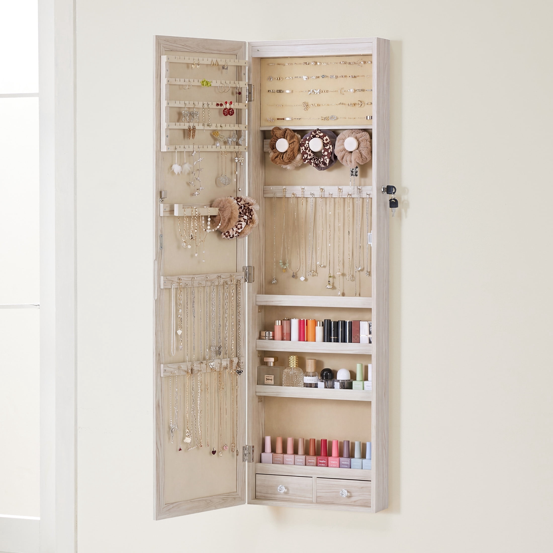 edx Full-Length Mirror Jewelry Cabinet with 6 LED Lights, Wall Door Mounted Large Jewelry Armoire Organizer with Makeup Storage, Beige