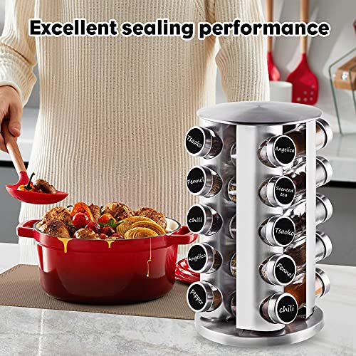 Countertop Revolving Spice Rack, 20-Jars Stainless Steel Spice Rack Organizer, Round Carousel Spice Rack Tower, Seasoning Storage Organization for Kitchen Home Dried Herbs