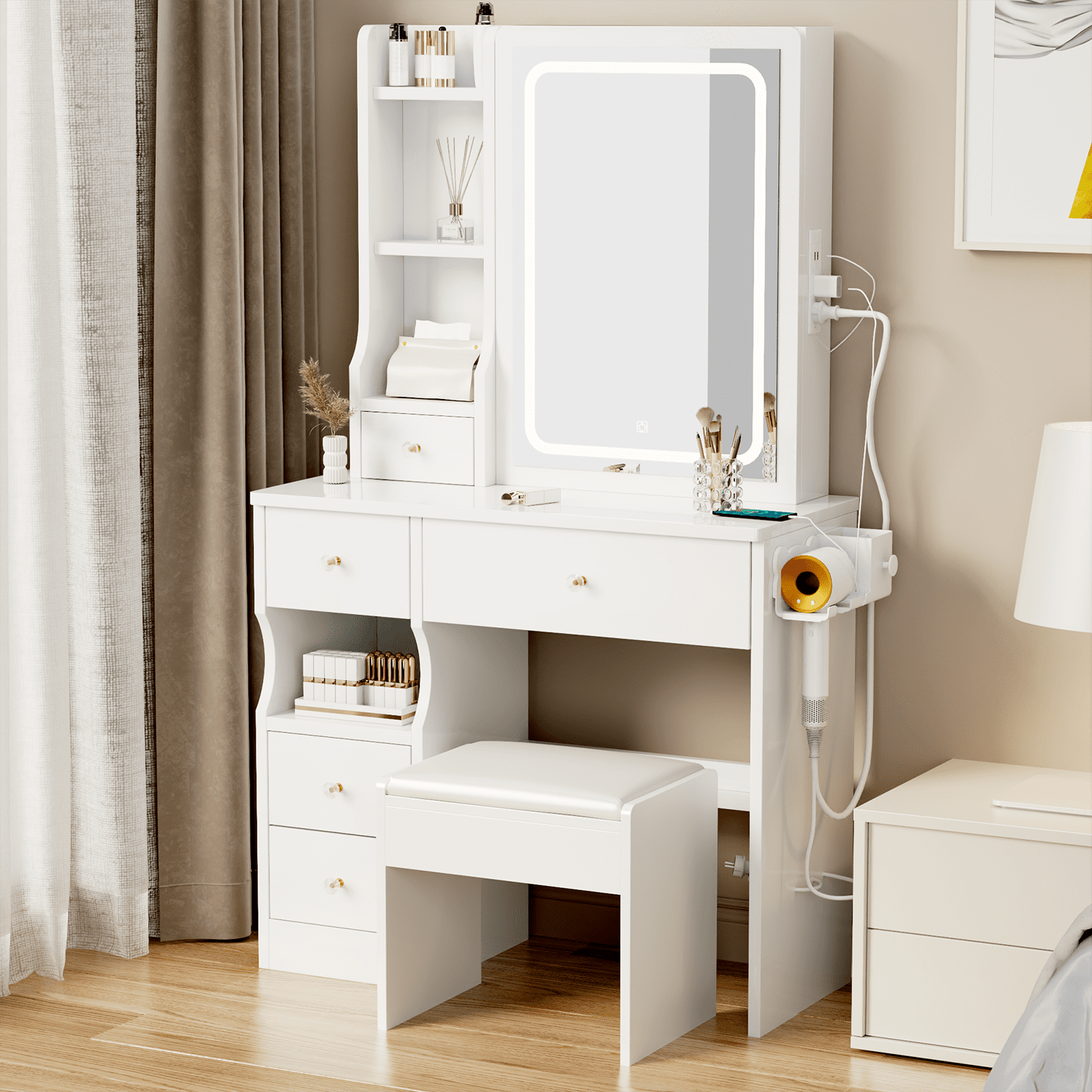 Resenkos Makeup Vanity Desk Set with Lighted Mirror, Power Outlet&Stool, Bedroom Dressing Table Makeup Desk, White Resenkos Makeup Vanity Desk Set with Lighted Mirror, Power Outlet&Stool, Bedroom Dressing Table Makeup Desk, White