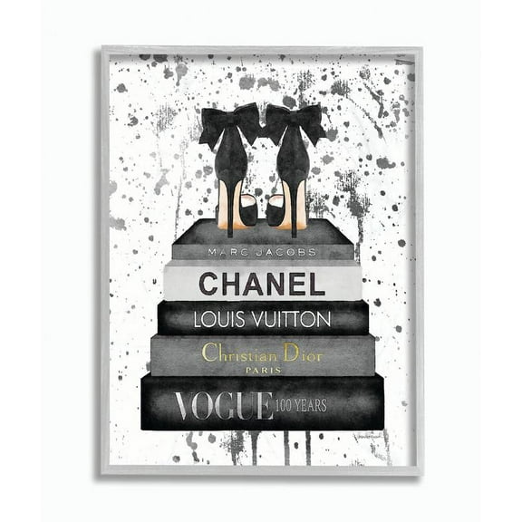 Stupell Industries Glam Fashion Book Stack Grey Bow Pump Heels Ink Graphic Art Gray Framed Art Print Wall Art, 11x14, by Amanda Greenwood