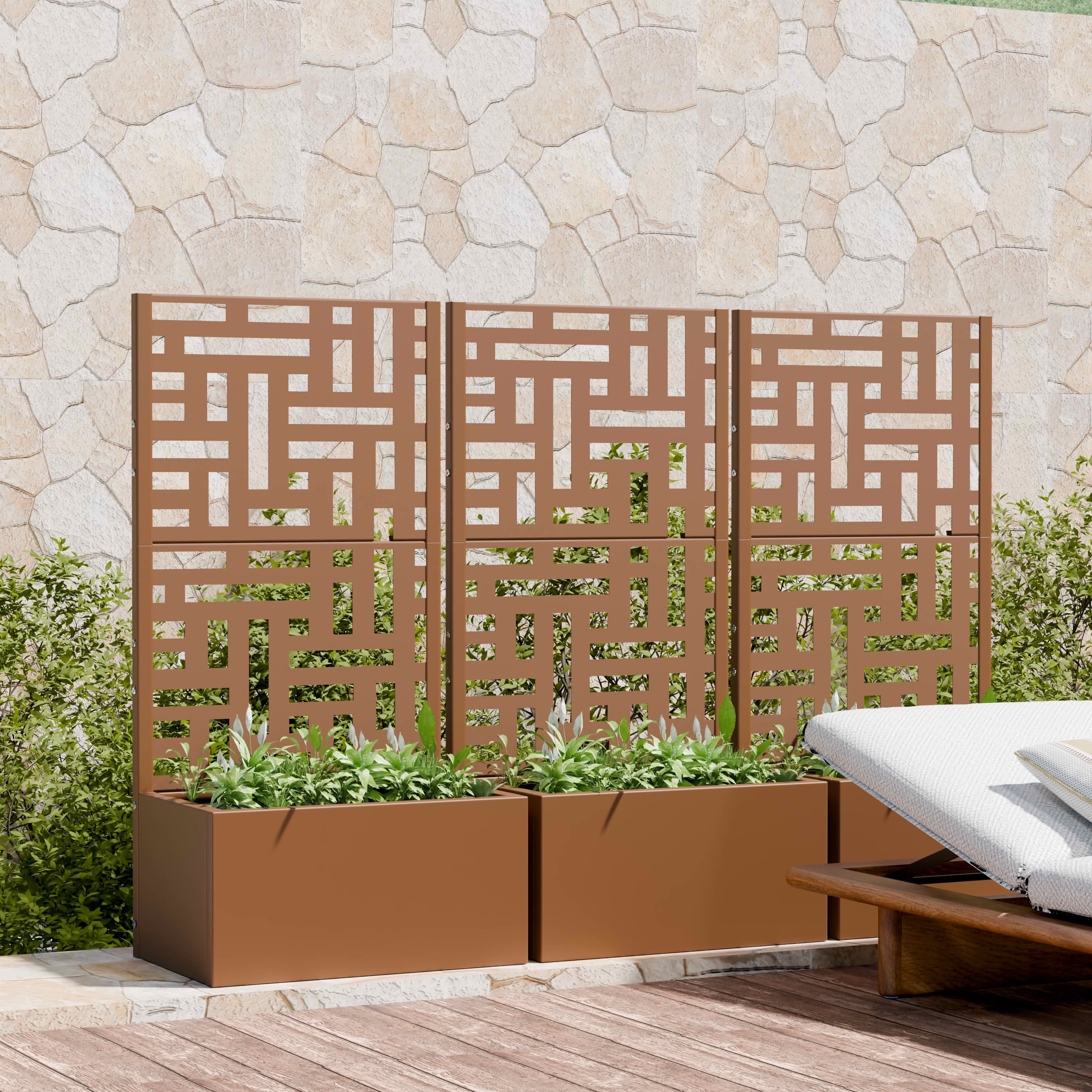 MAYEERTY 47X24" Metal Outdoor Brown Privacy Screen with Planter Box for Backyard & Garden, 2 Piece Set