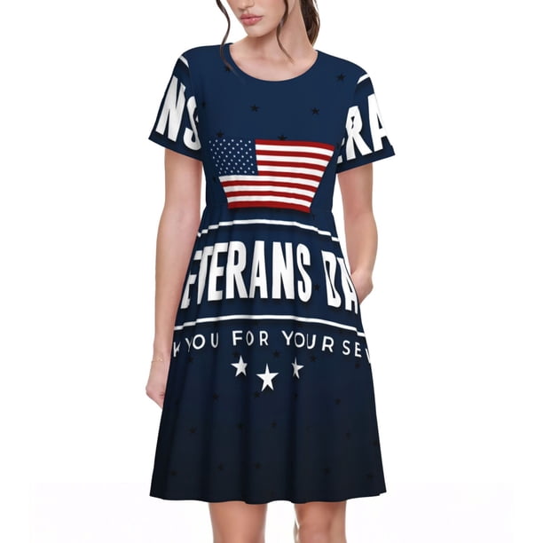 Easygdp Happy Veterans Day para Vestido Transpirable de Mujer, Vestido Suelto de Manga Corta con Pliegues y Bolsillos para el Verano