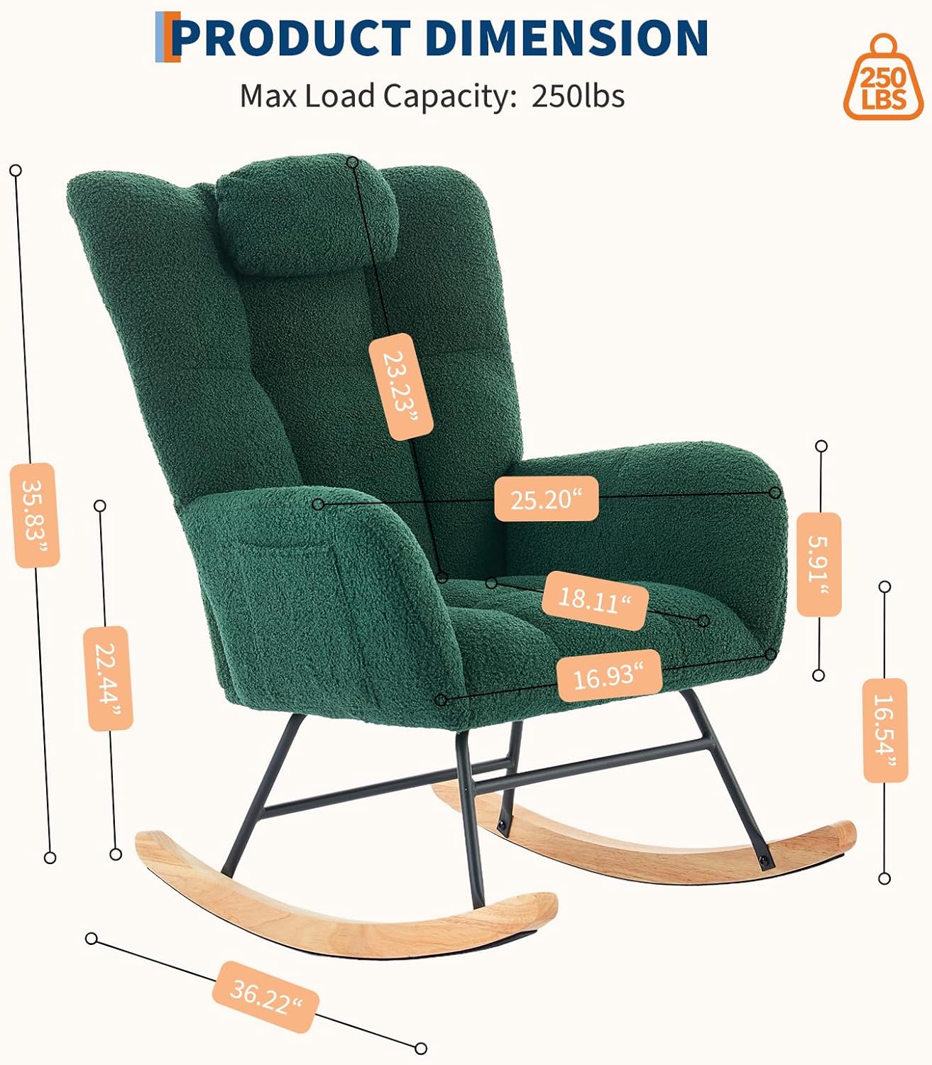 Rocking Chair Nursery Teddy Upholstered Baby Fluffy Glider Rocker for Adults Small Spaces Indoor Nursing Chair for Living Room Bedroom Classroom Beige Comfortable Durable Stylish-DarkGreen