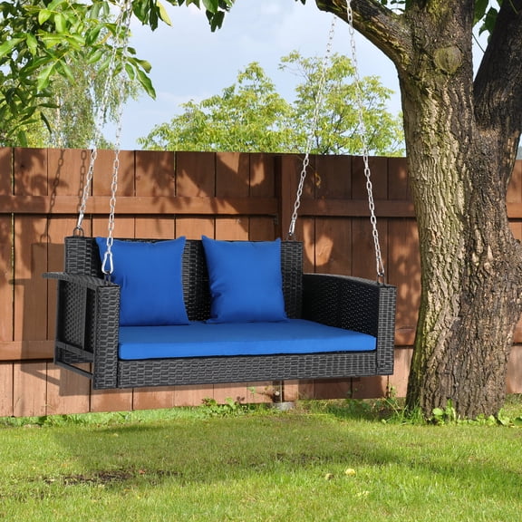 SamyoHome Garden Swing Rattan Wicker  Hanging Swing Bench w/ Blue Cushion
