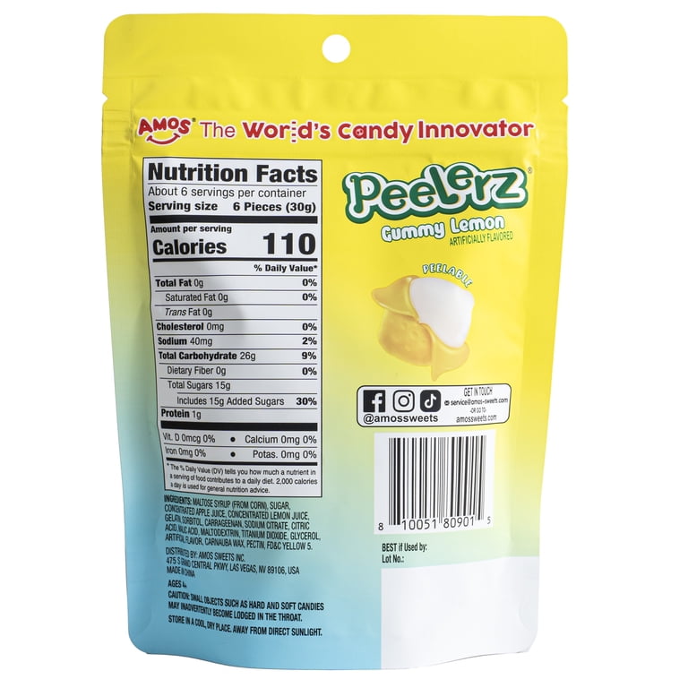 AMOS Peelerz Gummy Lemon (6 oz), Gummy Candy, Resealable Bag, No