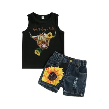 

Bagilaanoe 2pcs Toddler Baby Girl Short Pants Set Sunflower Print Sleeveless Tank Tops + Ripped Denim Shorts 1T 2T 3T 4T 5T 6T Kids Casual Summer Outfits