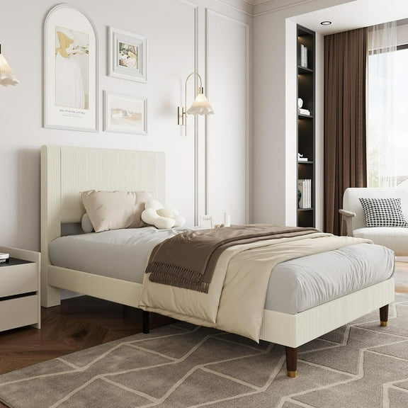 Twin Bed Frame Upholstered Platform Bed with Fabric Headboard, Heavy-Duty Platform with Strong Metal Slats Non-Slip and Noise-Free, Wooden/Metal Slats Support, No Box Spring Needed, Easy Assembly