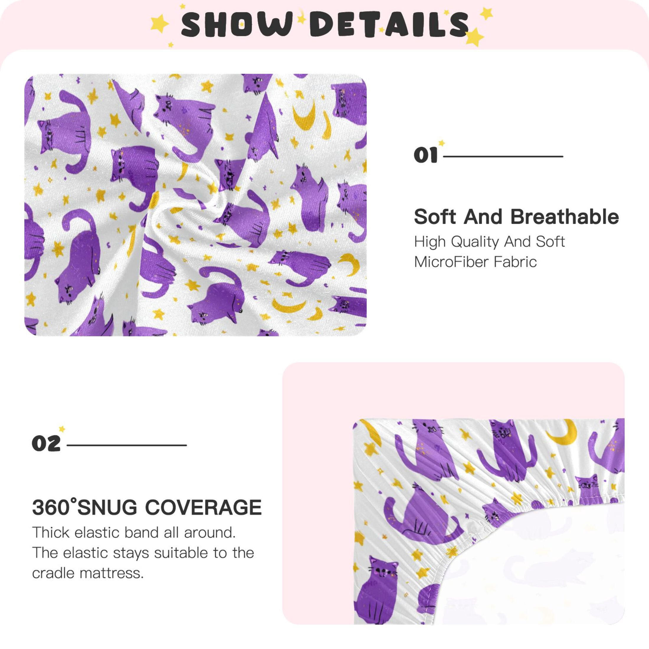 Baby Essentials 52”x 28”- Standard Cotton-like Modal Elastic- Purple Cat Pattern Design Crib Sheets for Newborns and Toddlers