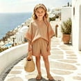 thumbnail image 2 of WERYOUNG Girls Bohemian Summer Outfits V Neck Half Sleeve Striped Tops Elastic Waist Shorts With Striped Headband Kids Beach Vacation Sets Soft Clothes Sets 3-4 Years, 2 of 5