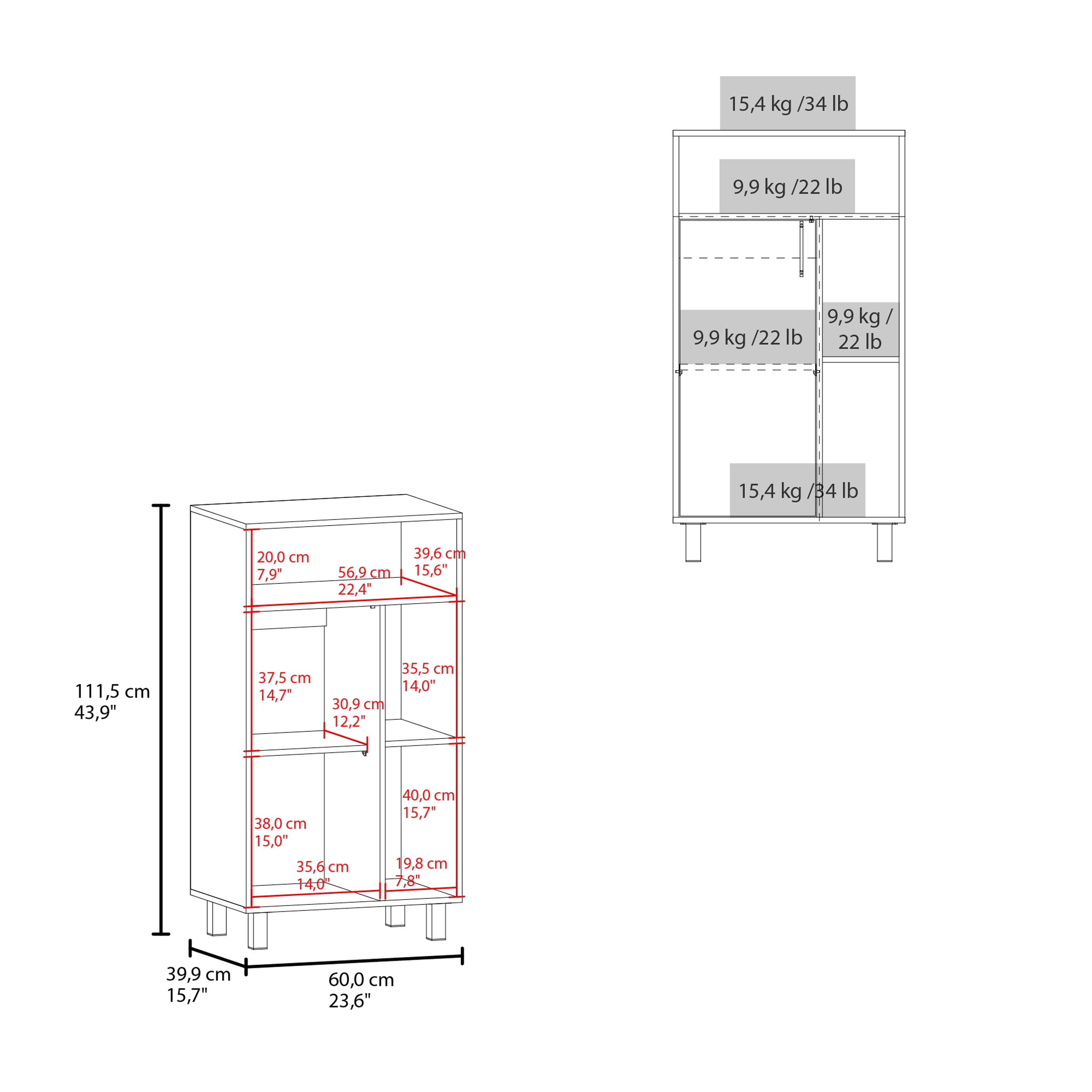 Base Cabinet, 1 Door, 3 Shelves, 4 Legs, White