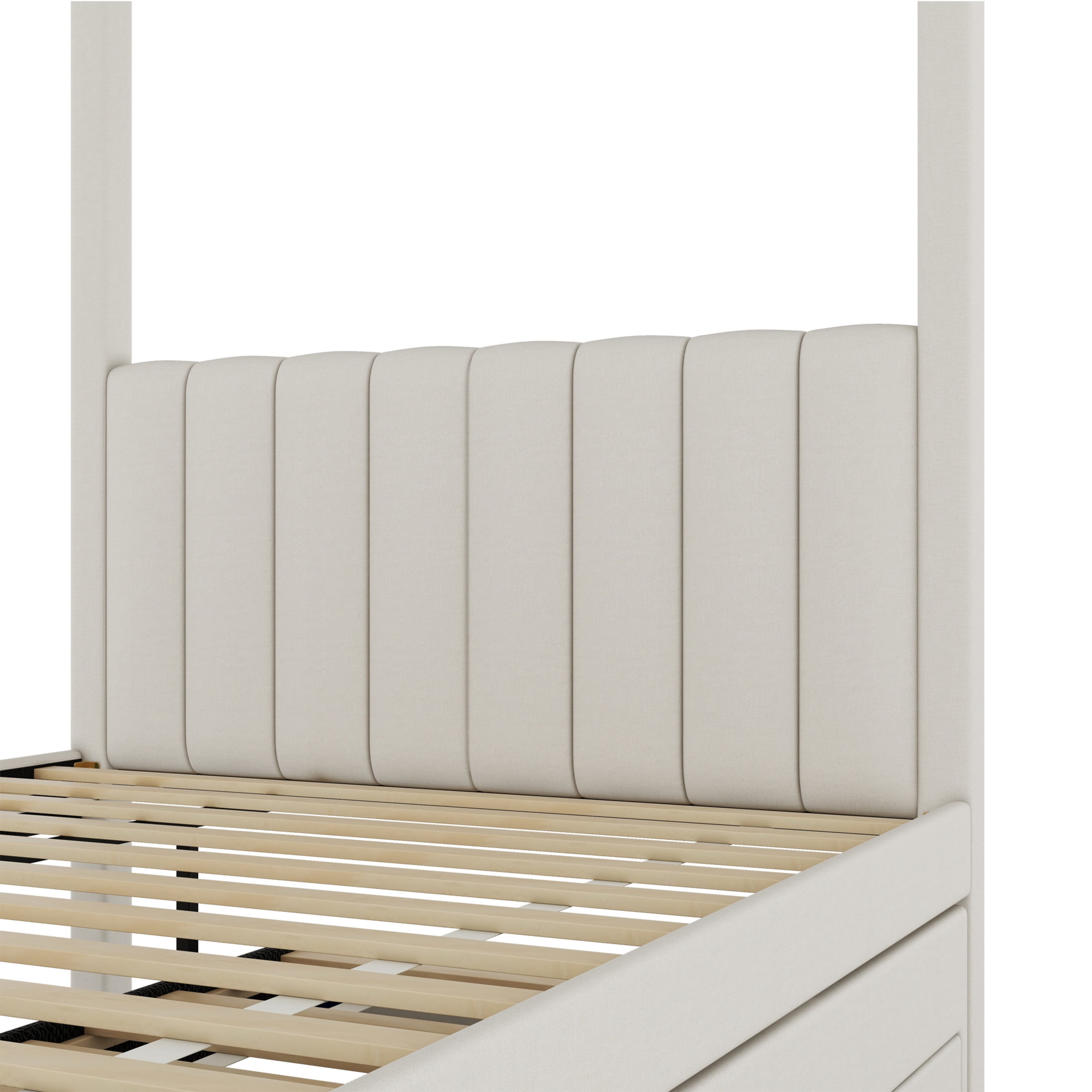 Noble House Full Canopy Platform Bed, Linen Upholstered Frame with Trundle and Storage Drawers, Beige