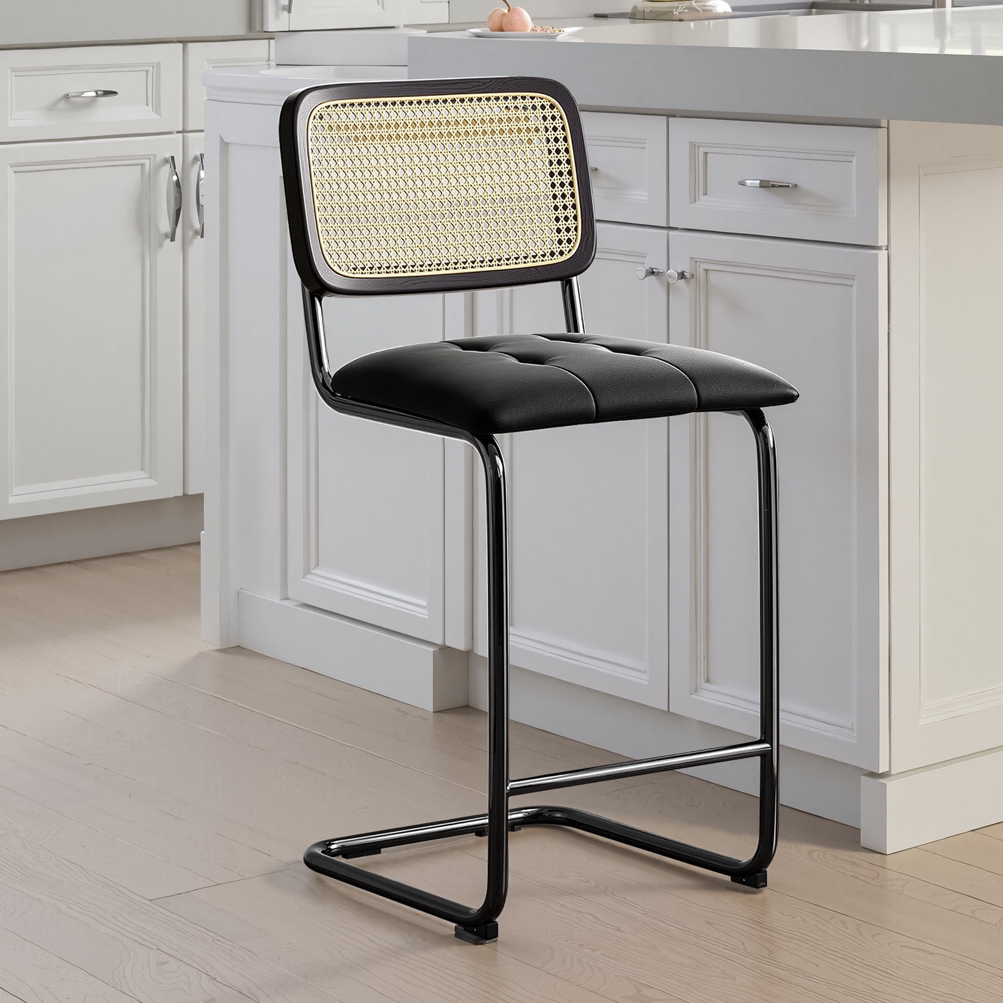 MAYEERTY 26" Black Counter Height Bar Stools Set of 2, PU Leather & Rattan Back, for Dining Areas