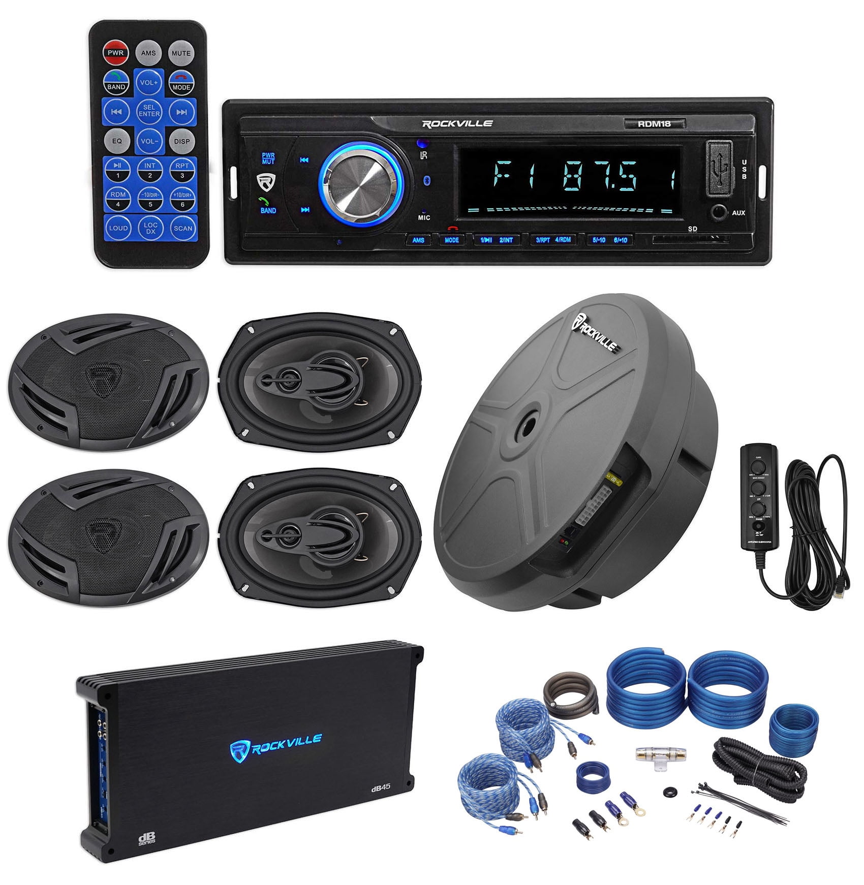 Rockville Bluetooth Receiver+(4) 6x9" Car Speakers+Amp+Hidden Spare