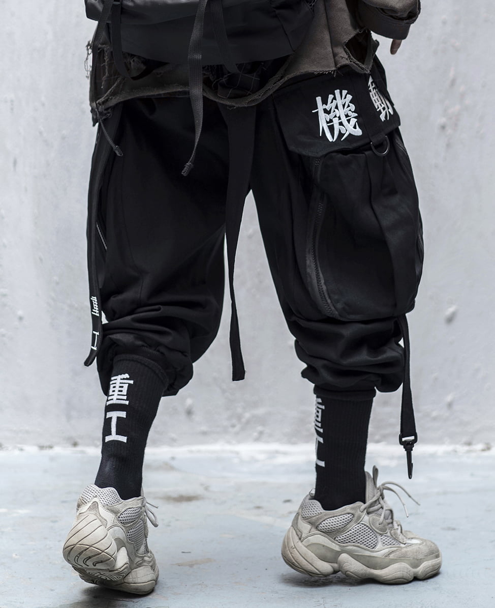Niepce Streetwear Joggers Japanese Kanji Harajuku Embroidery Urban Multi-Pockets Relaxed Fit Sweatpants, Men's, Size: XL