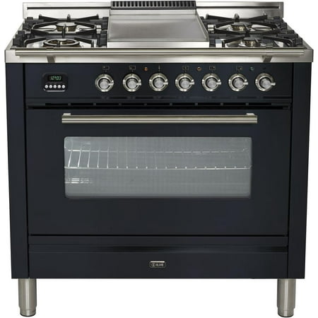 Ilve UPW90FDMPM Pro Series 36 Inch Dual Fuel Convection Freestanding Range, 4 Sealed Brass Burners, 3.55 cu.ft. Total Oven Capacity in Matte Graphite (Natural Gas)