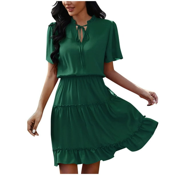 Vestido de jersey de manga corta con cuello en V liso a la moda de verano para mujer Pompotops ghjkhdj17402