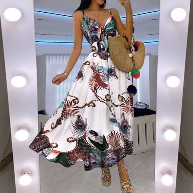 HKEJIAOI Cadeau d'Anniversaire Rabais Liquidation Robes Décontractées pour Femmes Mode Femmes Bouton Décontracté Sans Manches Camisole Gilet Col en V Robe Longue pour Dames Marine