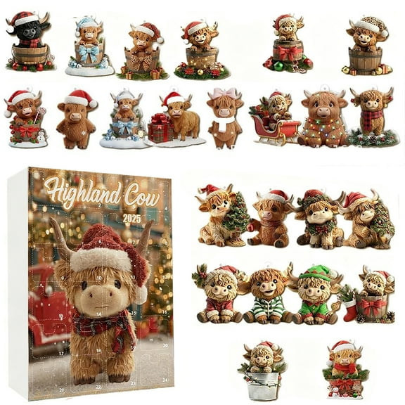 Cow Advent Calendar 2025, Highland Cow 24 Days Christmas Countdown Calendar Holiday Gift For Cow Lovers, Christmas Countdown Calendar With Surprise Toys Christmas Gifts