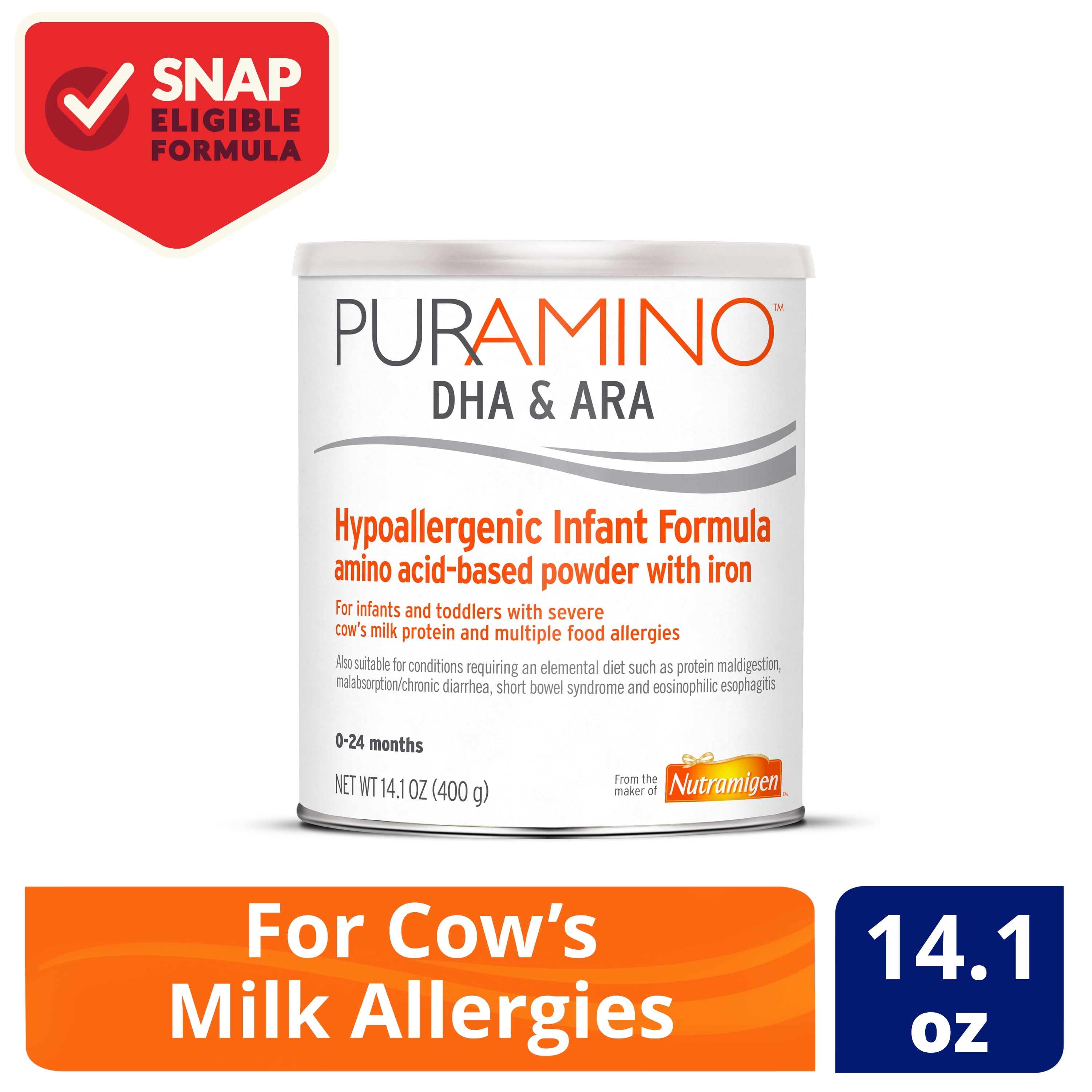 PurAmino Hypoallergenic Infant Drink, for Severe Food Allergies, Omega-3 DHA, Iron, Immune Support, Powder Can, 14.1 Oz