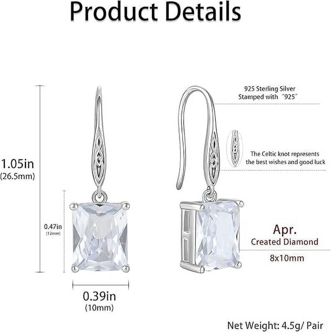 Cubic Zirconia Rectangle Cut Earrings 925 Sterling Silver Celtic Knot Hook Dangle Earring 8X10mm Solitaire Gemstone Birthstone Irish Jewelry Valentine's Day Gift for Wife Women