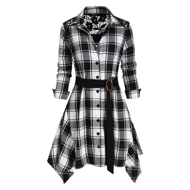 Robe Décontractée pour Femme à Manches Longues Rétro à Carreaux en Dentelle Patchwork